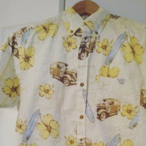 Puritan Hawaiian print button front shirt surfboard/vintage car Men's Size Small
